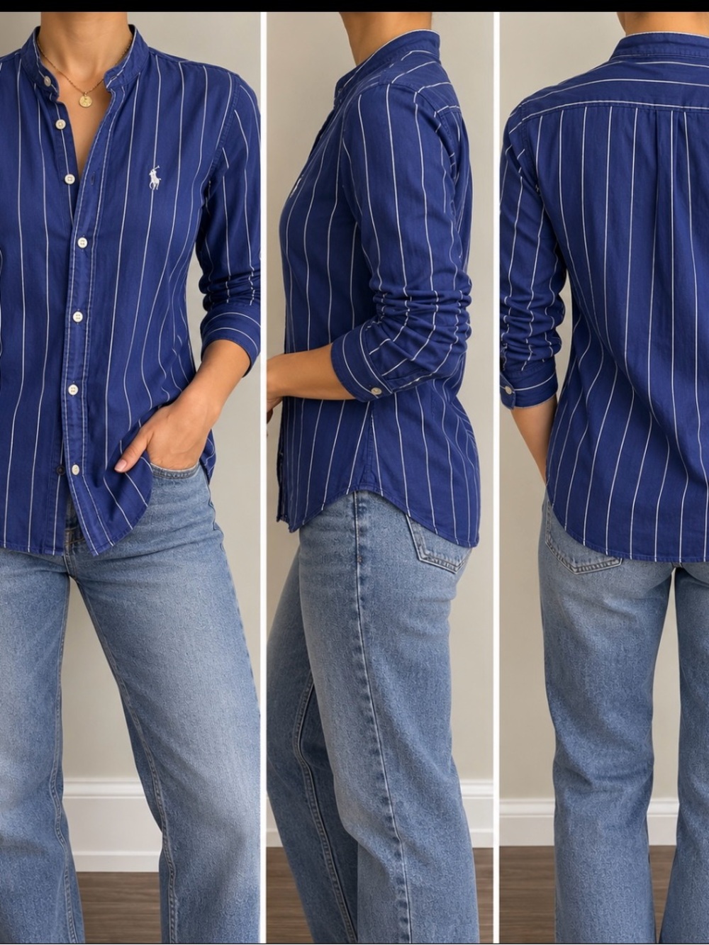 Ralph Lauren Sport Blue White Pinstripe Button Down Shirt Size M